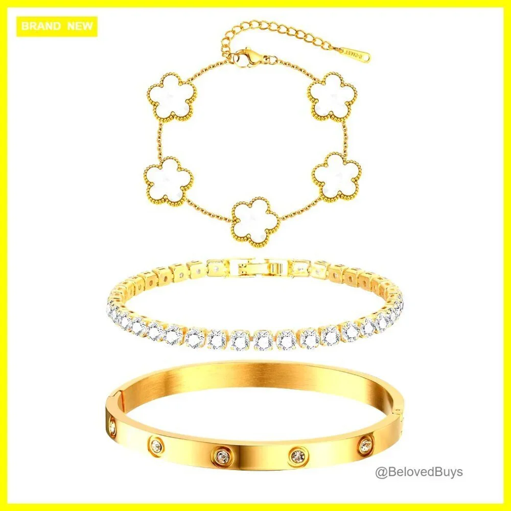 Stackable Gold Plated Bracelets Set - 3Pcs Stainless Steel Bangle